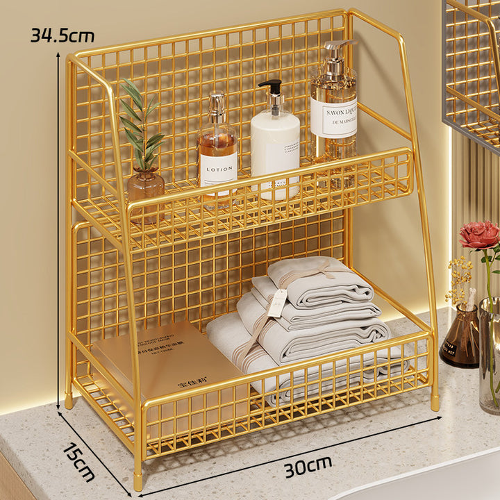 Angled Desktop Mesh Vanity and Countertop Organizer with Three Wire-Tier Baskets and Grid Back