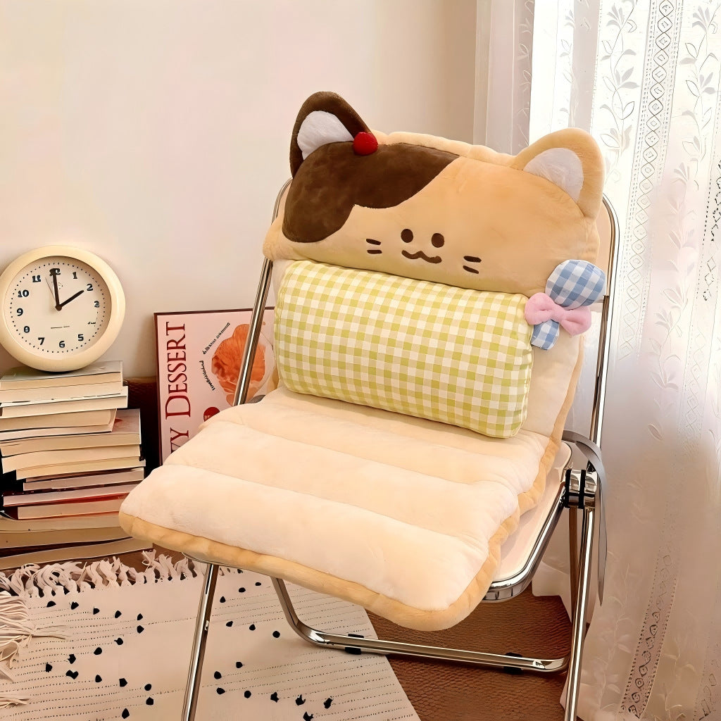 Plush seat cushion with high backrest and removable lumbar pillow in cute cat design