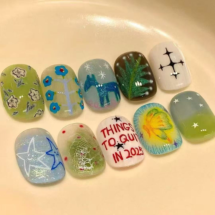 Artistic Cat-Themed Press-On Nail Art Set Kalsten