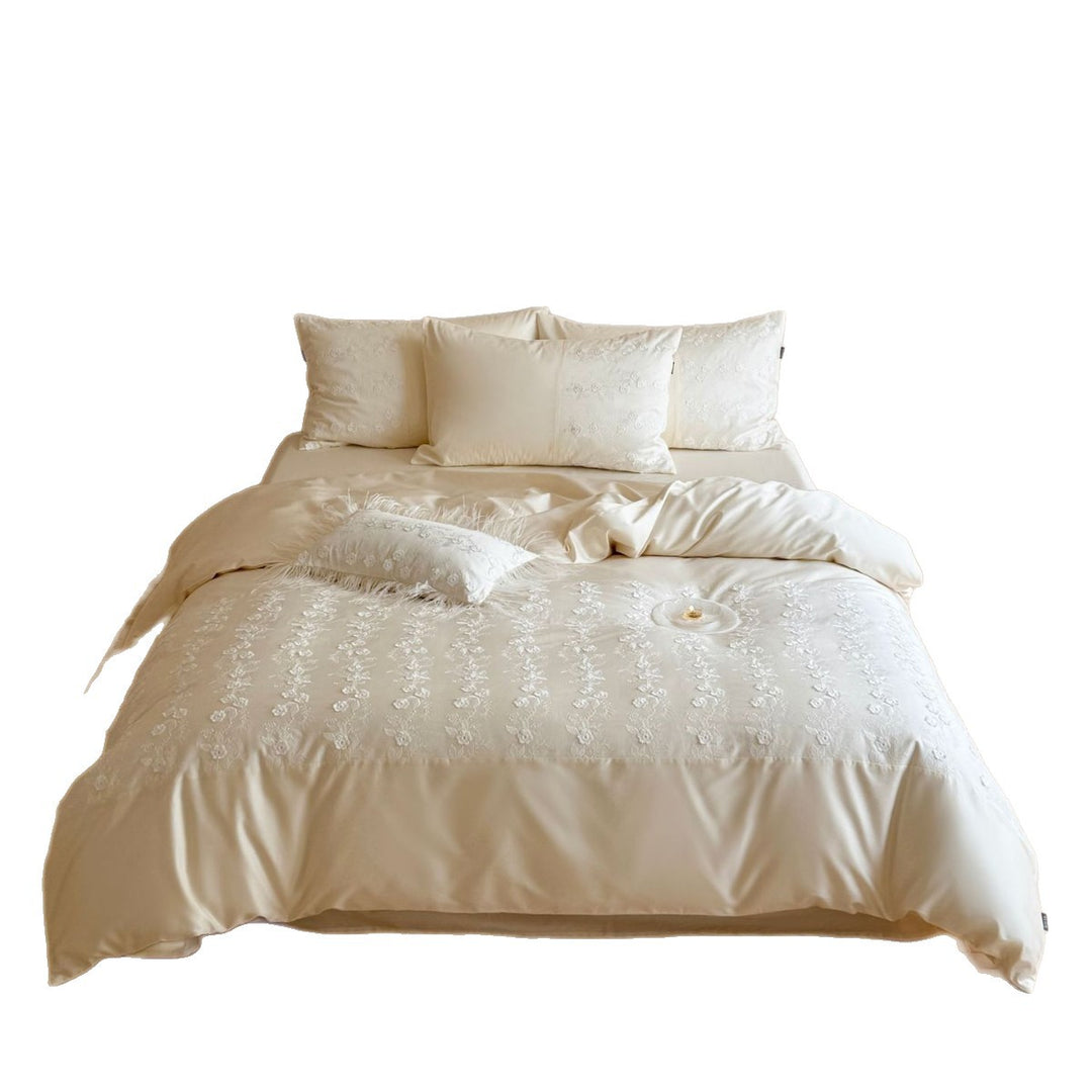 Luxurious satin bedding set with floral embroidery and pillowcases
