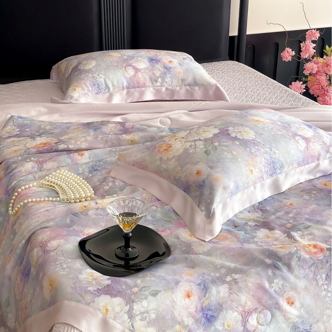Luxurious satin bedding set with watercolor flower print and satin border