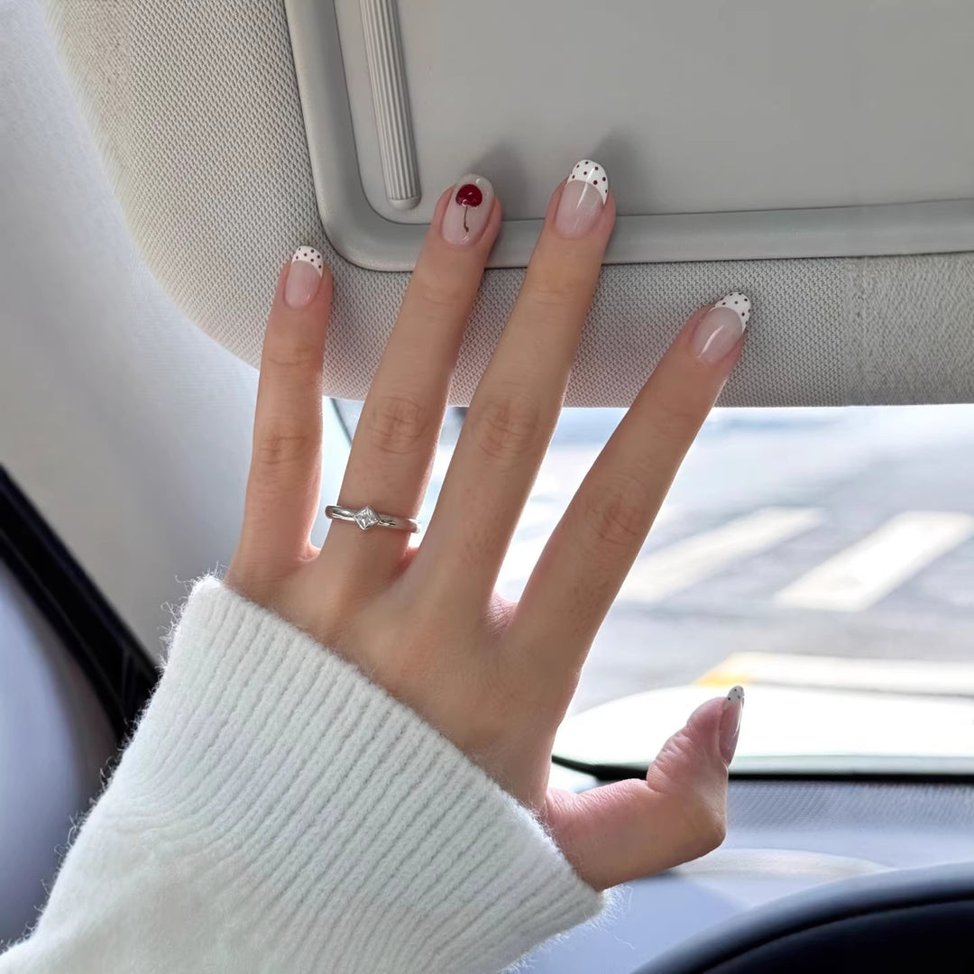 Chic French Tip Press-On Nail Art Set with Dot and Heart Accents