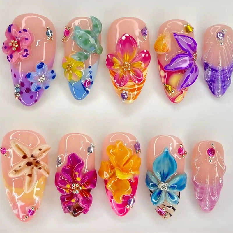 Acrylic nail set with floral 3D decorations Kalsten