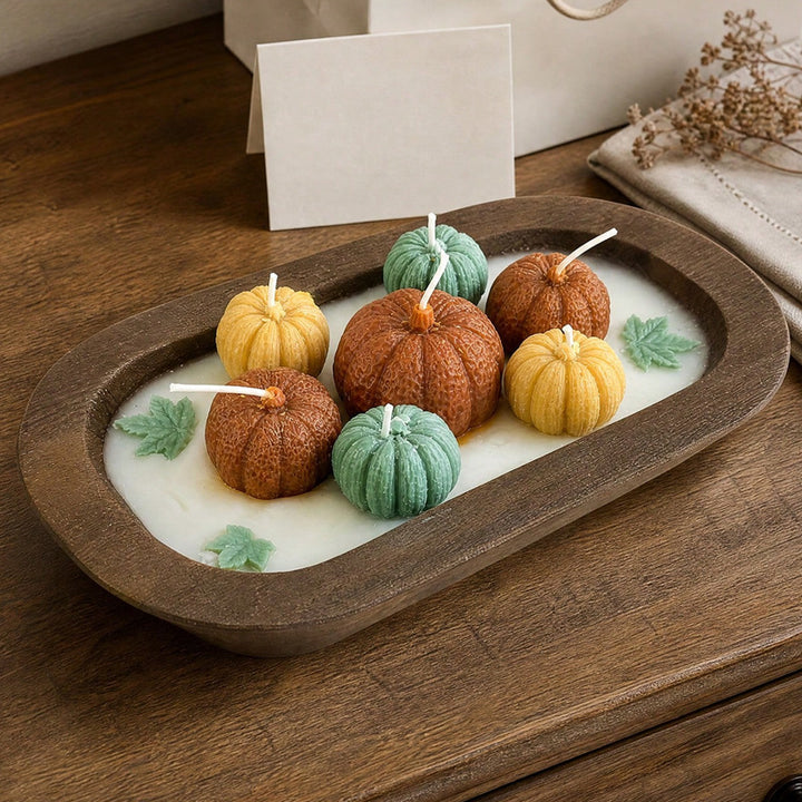 Hand-Poured Mini Pumpkin Sculptural Soy Candle Centerpiece with Wooden Tray