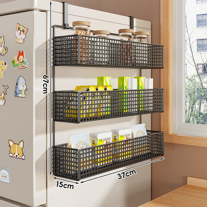Over-Refrigerator Vertical Hanging Mesh Storage Rack with Deep Baskets and Hook Rail