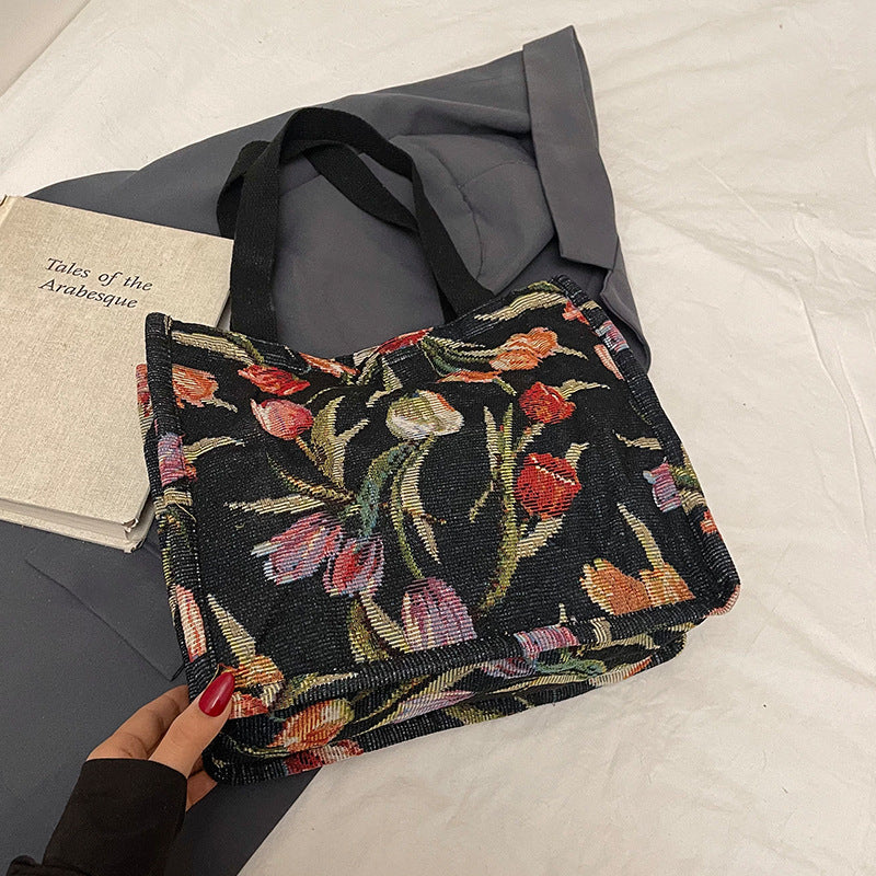Floral Embroidered Shoulder Tote Bag