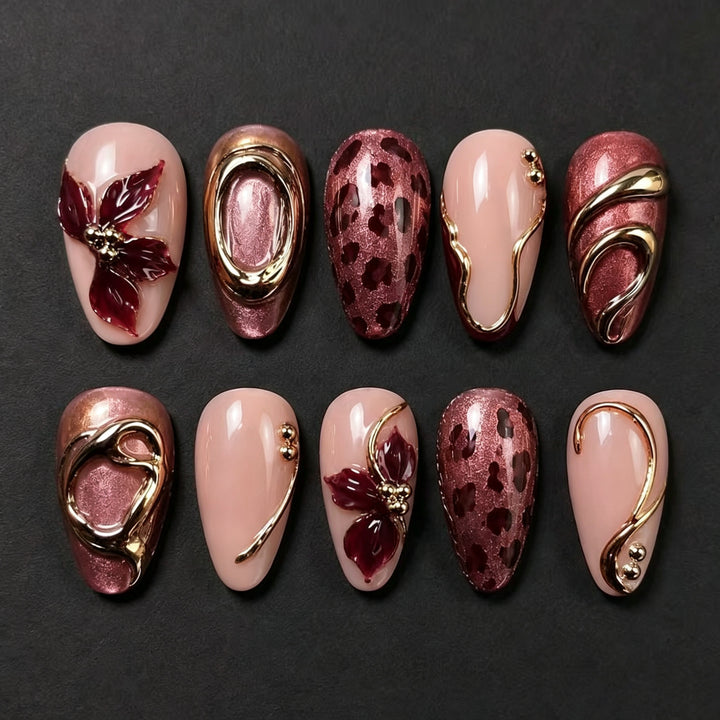 Artistic Press-On Nail Set with Floral and Metallic Accents