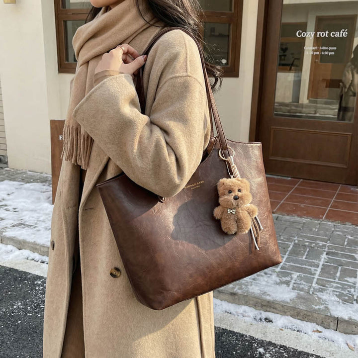 Stylish Faux Leather Tote Bag with Charming Keychain