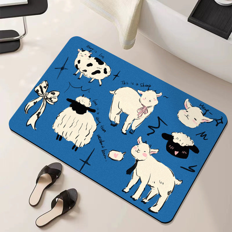 Reversible Plush Absorbent Bathroom Mat with Cartoon Sheep Illustration
