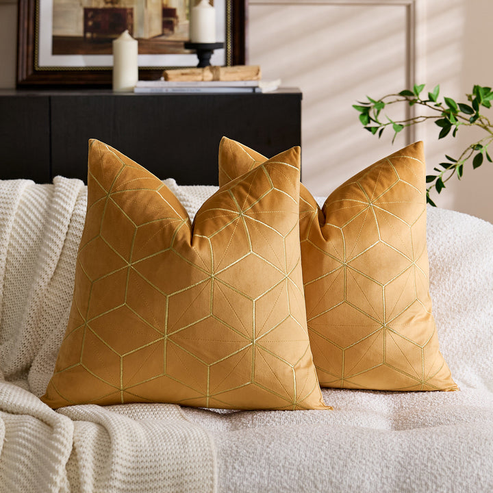 Embroidered Velvet Geometric Square Throw Pillow Cover with Metallic Stitching