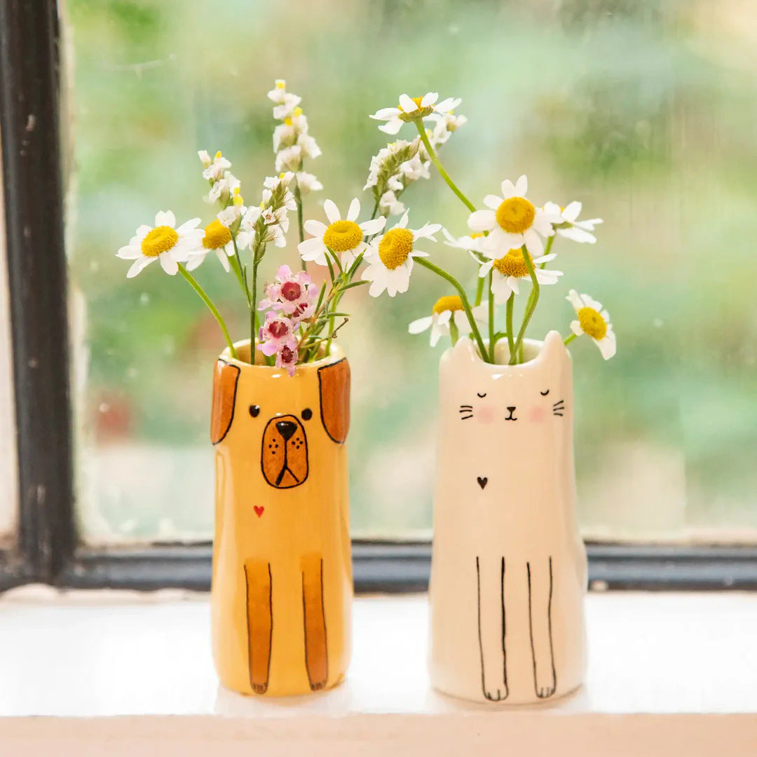 Handmade Minimalist Ceramic Cat Bud Vase With Matte Glaze And Narrow Neck