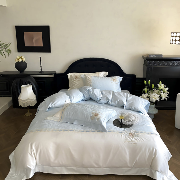 Luxurious satin bedding set with fine embroidery and pillowcases