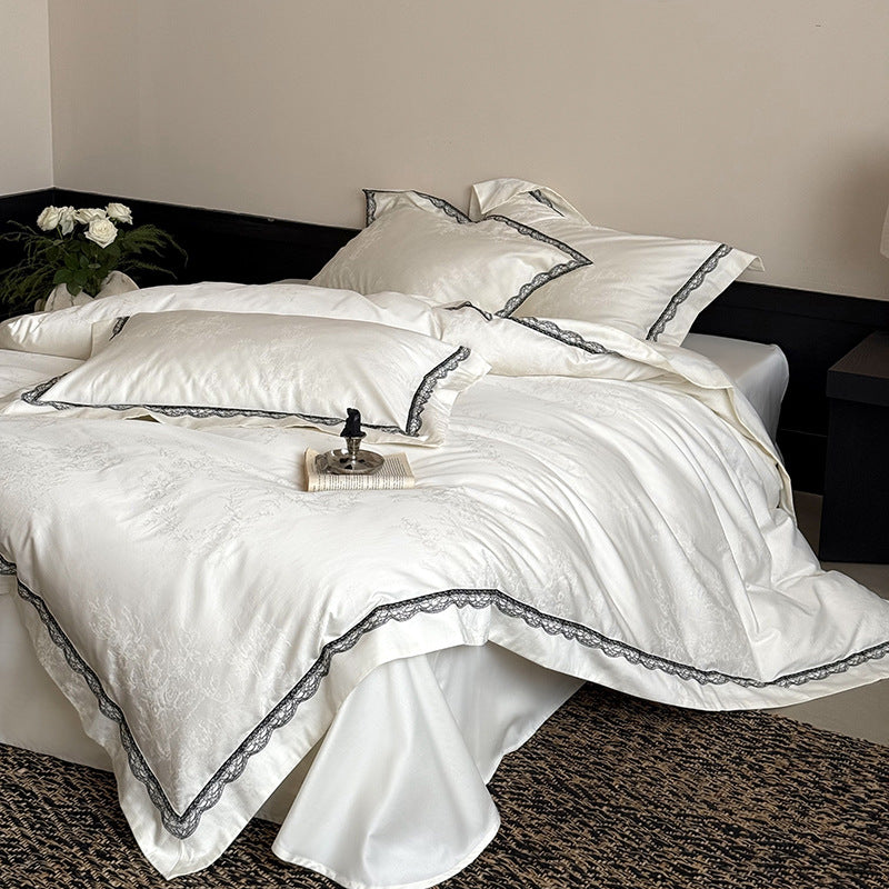 Jacquard cotton satin bedding set with fine lace trim
