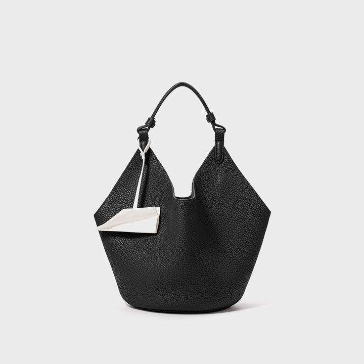 Slouchy Pebbled Leather Hobo Bucket Bag with Top Handle and Geometric Silhouette