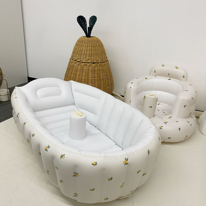 Inflatable Baby Bathtub and Support Seat Set with Lemon Print and Removable Cup Holder