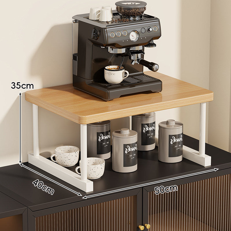 Two-Tier Countertop Coffee Station Shelf Riser with Walnut Top and Metal Frame