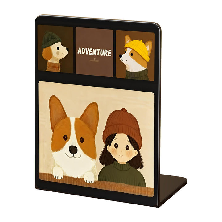 L-Shaped Metal Desktop Bookend with Integrated Photo and Card Display