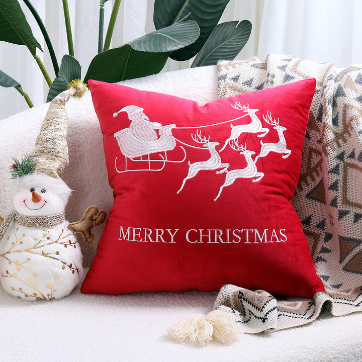 Velvet Embroidered Festive Accent Pillow Cover with Metallic Script