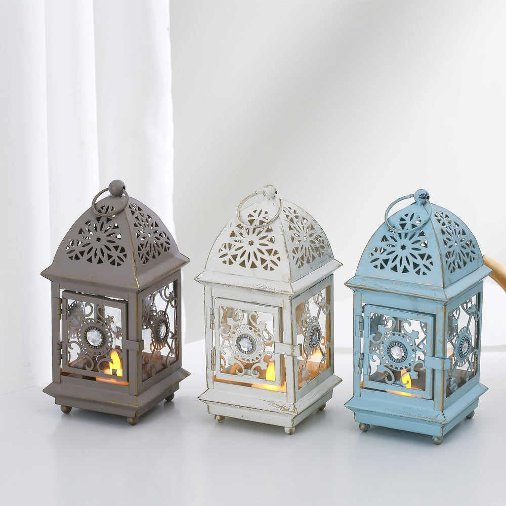Antique-Style Decorative Metal Glass Candle Lantern with Filigree Cutouts and Hanging Ring Kalsten