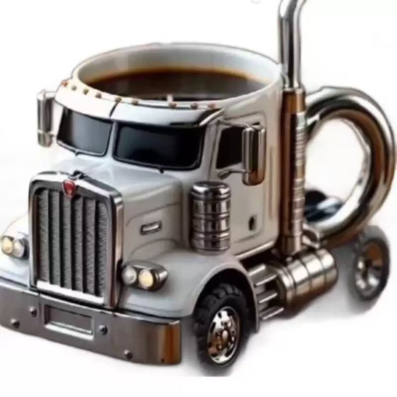 Novelty Ceramic 3D Semi Truck Coffee Mug With Sculpted Chrome Exhaust Handle