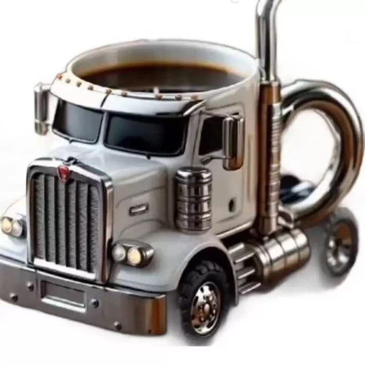 Novelty Ceramic 3D Semi Truck Coffee Mug With Sculpted Chrome Exhaust Handle