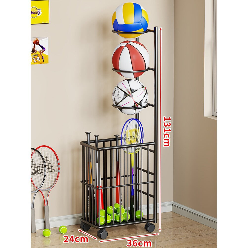 Tall Rolling Sports Equipment Organizer Cart with Vertical Ball Cradles and Bat & Racket Storage
