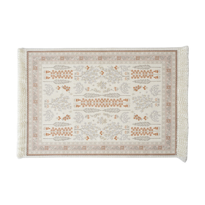 Woven small runner rug in vintage ornamental style with fringes