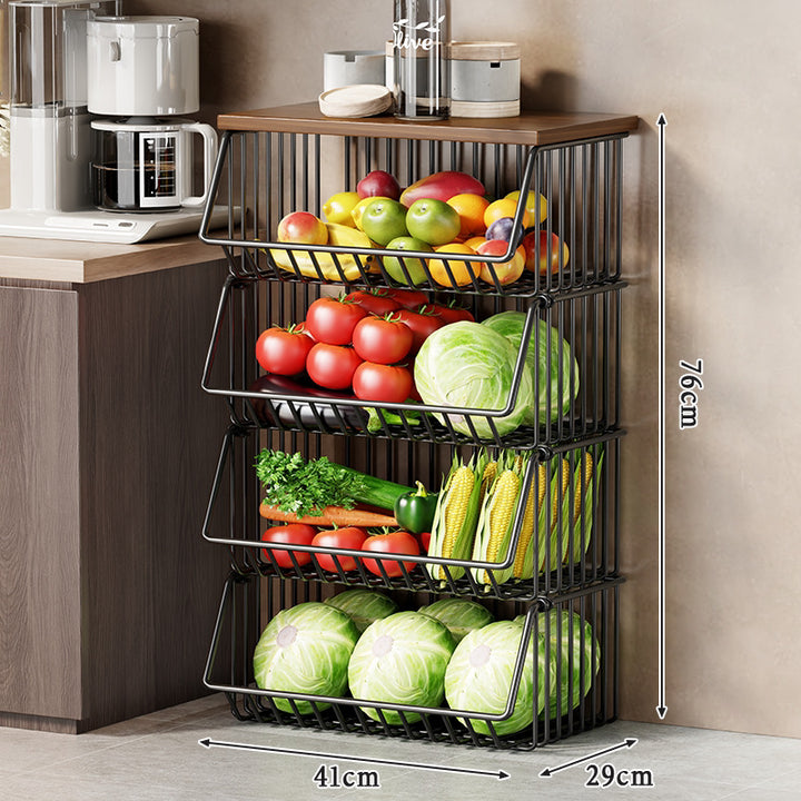 Slim Vertical Rolling Wire Produce and Pantry Organizer Cart with Wood Top