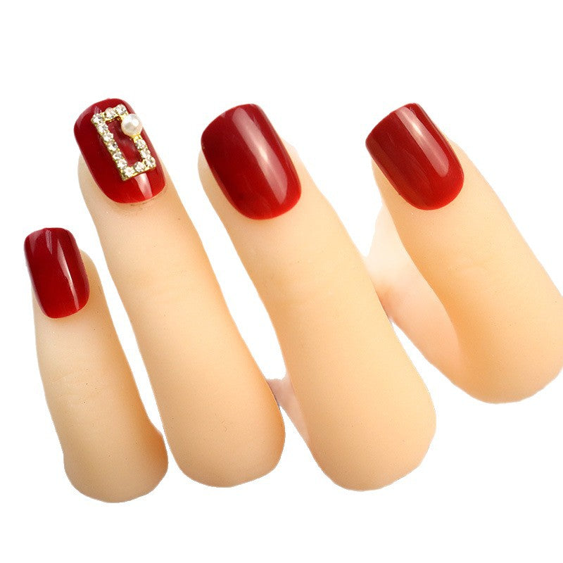 Elegant Red Press-On Nail Set with Pearl and Rhinestone Accents