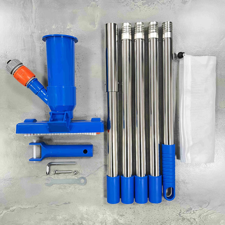 Telescopic stainless steel pool vacuum kit with brush head and fine mesh leaf bag Kalsten