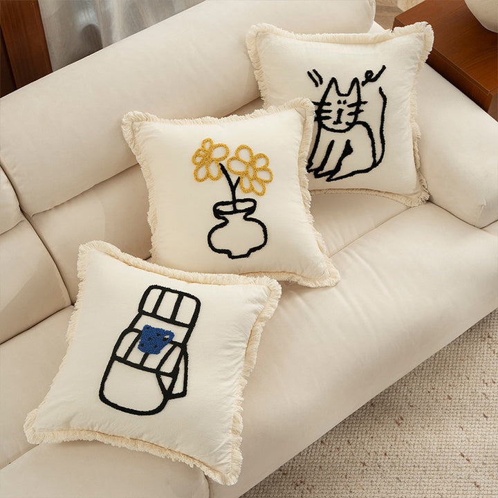 Woven decorative pillow cover with embroidered café motif and decorative fringe edge Kalsten