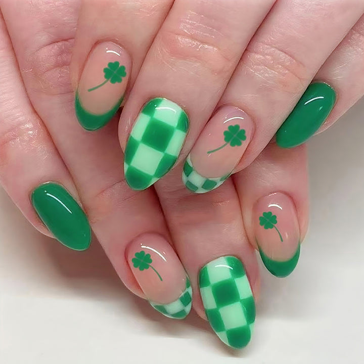 Themed Press-On Nail Art Set with Clover and Plaid Design