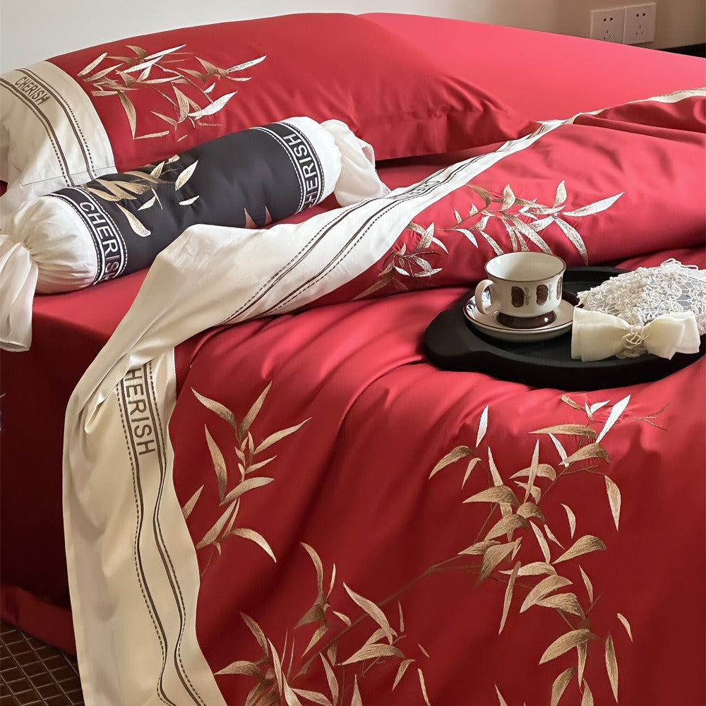 Duvet cover set made of cotton satin with embroidered bamboo motif, fine border & decorative roll cover