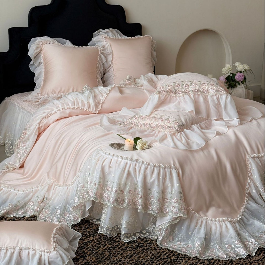 Luxurious romantic bedding set with lace ruffles and embroidered cotton satin