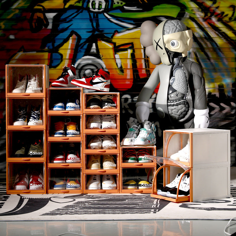Modular stackable shoe storage box with transparent flap front pocket