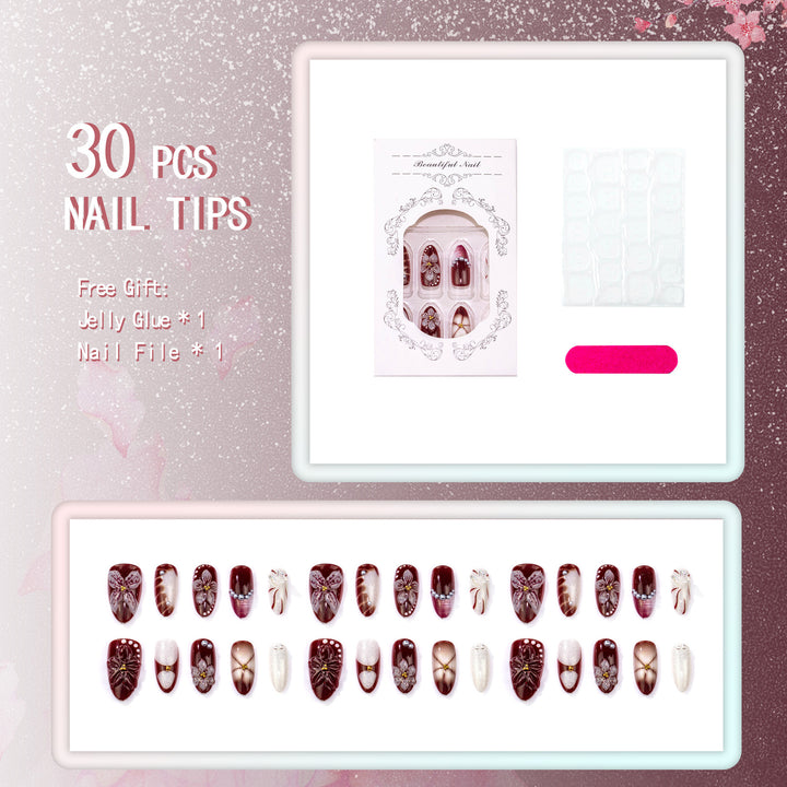 Decorative Press-On Nail Set with Floral and Gemstone Accents