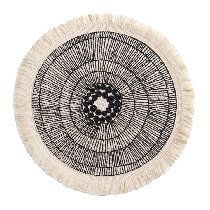 Beef handwoven cotton rug with fringes and graphic ethnic jacquard