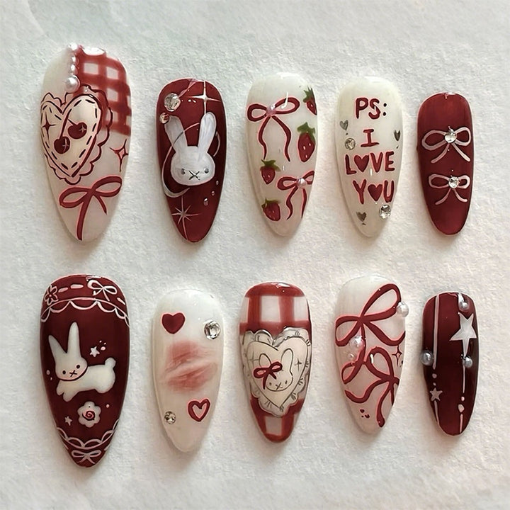 Acrylic nail set with creative cheerful designs and glitter details Kalsten