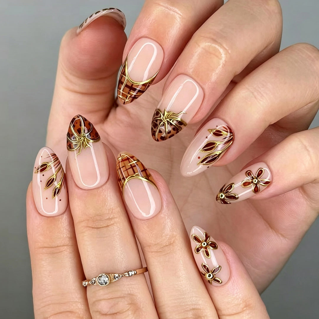 Decorative Press-On Nail Art Set with Elegant Floral and Gold Accents Kalsten