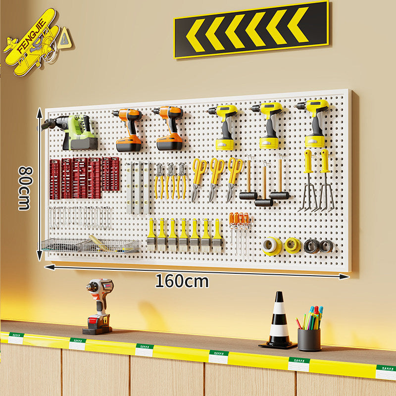 Wall-Mounted Perforated Metal Tool Pegboard Organizer with Magnetic Strip and Multi Hooks