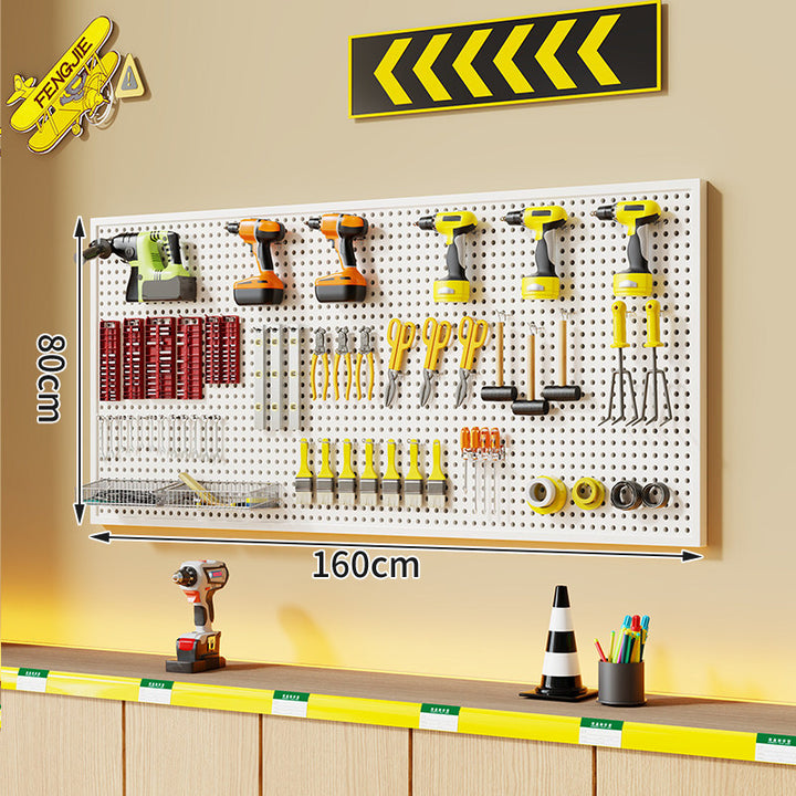 Wall-Mounted Perforated Metal Tool Pegboard Organizer with Magnetic Strip and Multi Hooks