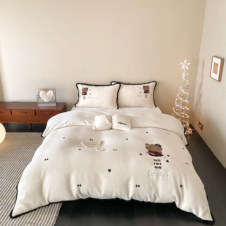 cozy plush bedding set with bear embroidery