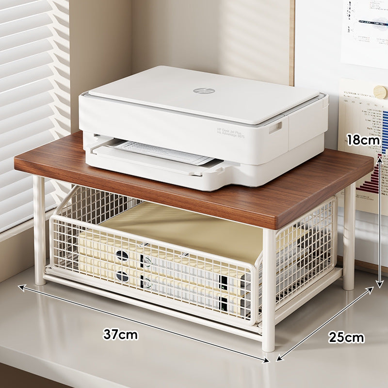 Compact Desktop Printer Stand with Wooden Top and Sliding Mesh Drawer