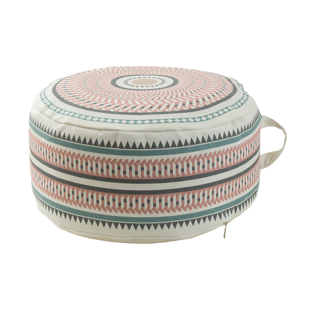 Round padded floor seat pouf with woven ethnic pattern and carrying handle Kalsten