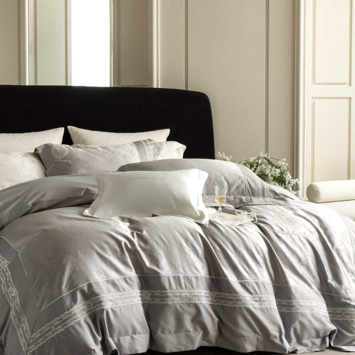 Luxurious satin bedding set with intricate embroidery