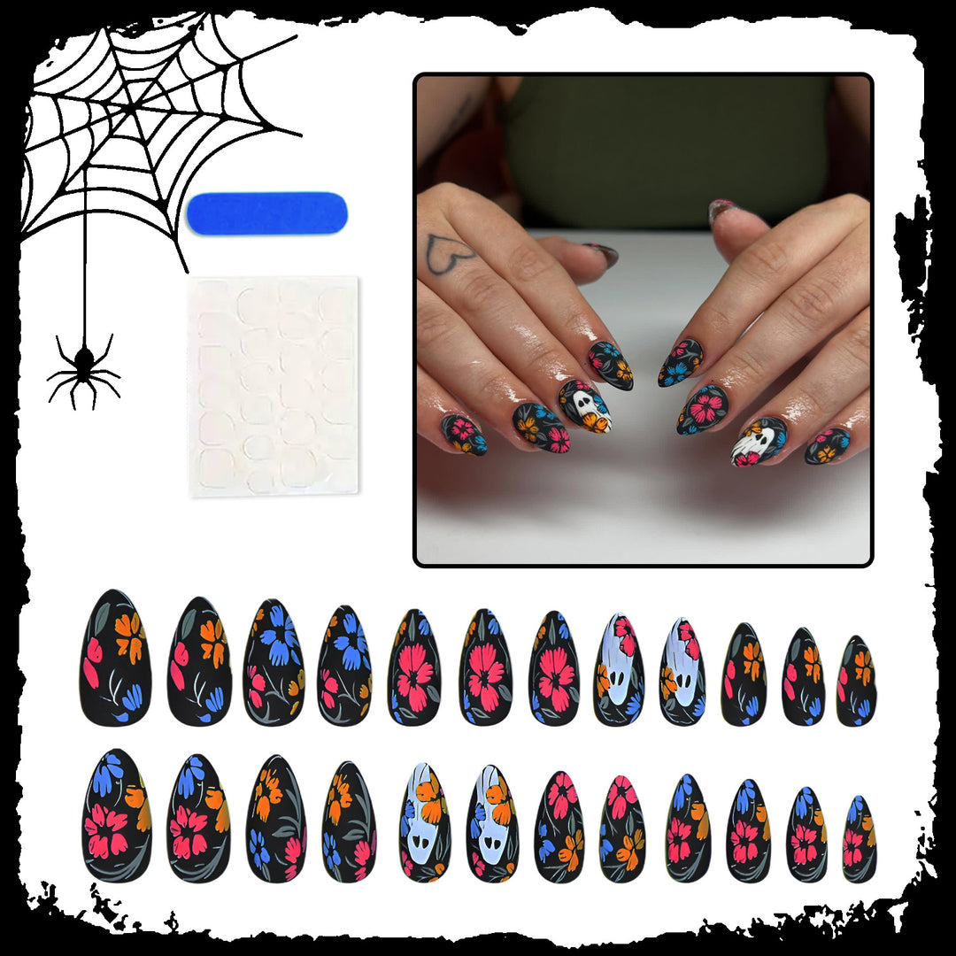 Artificial nail set with spooky Halloween design and colorful floral accents Kalsten