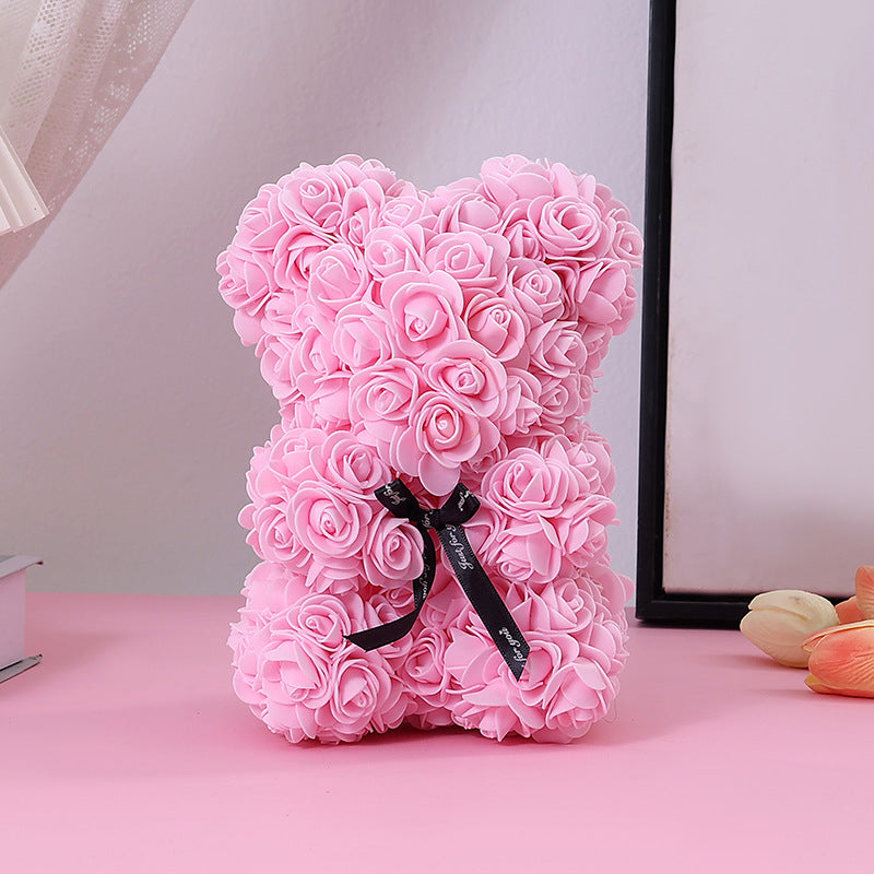 Foam Rose Teddy Bear Gift Sculpture With Satin Ribbon Bow