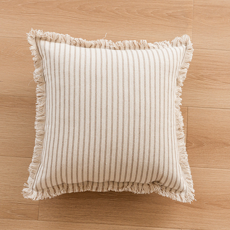 Striped Coastal-Inspired Cotton Square Pillow Cover with Fringed Edge and Concealed Zip