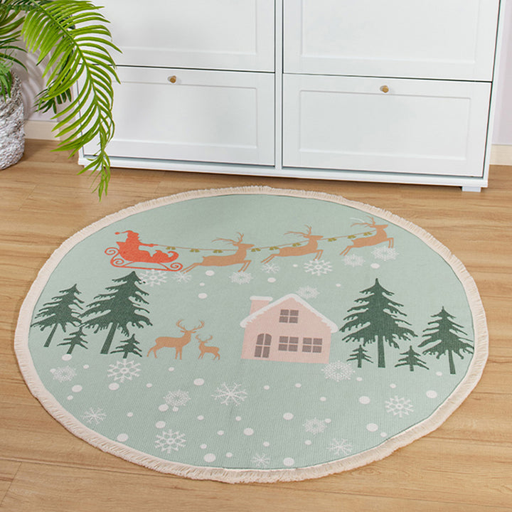 Round woven rug with mandala motif, flat cotton-jute mix and fringes Kalsten
