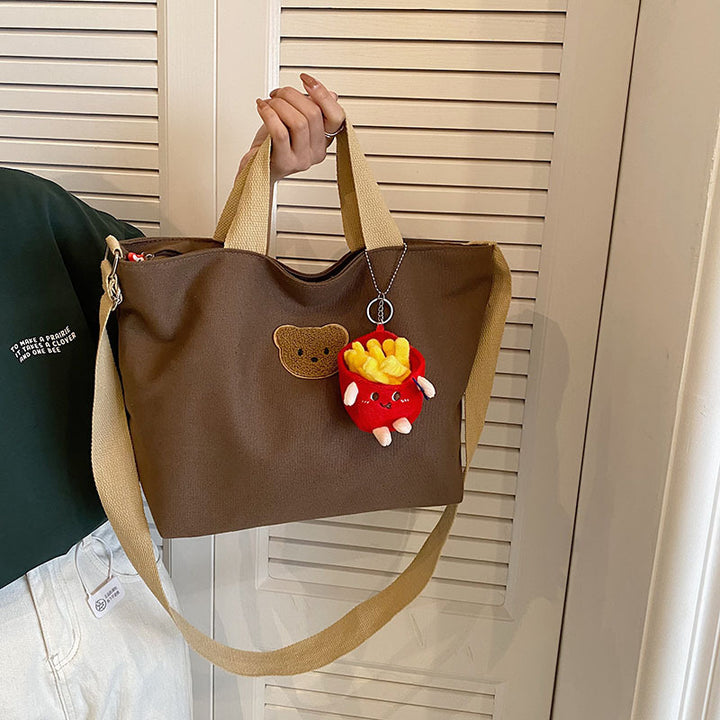 Casual Canvas Tote Bag with Cute Bear Applique